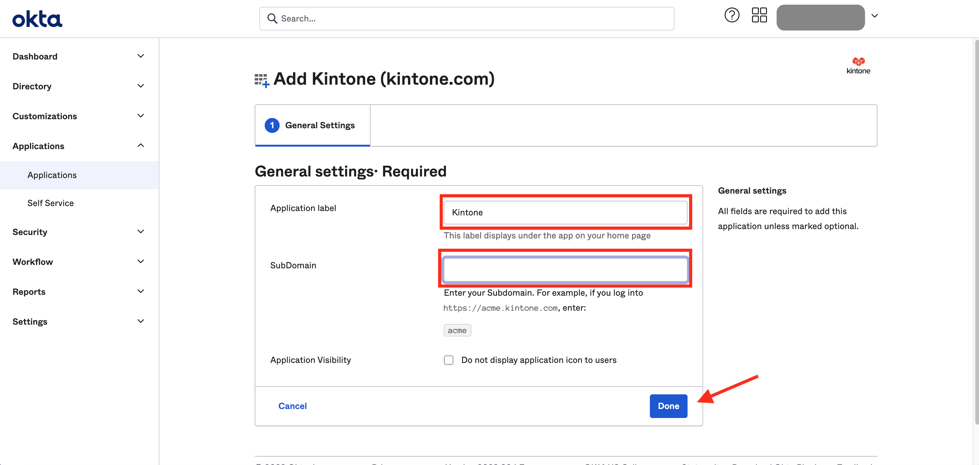 Screenshot: Setting the required information for the Kintone integration