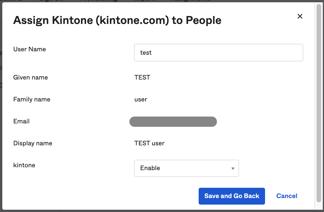 Screenshot: The User settings window for assigning Kintone