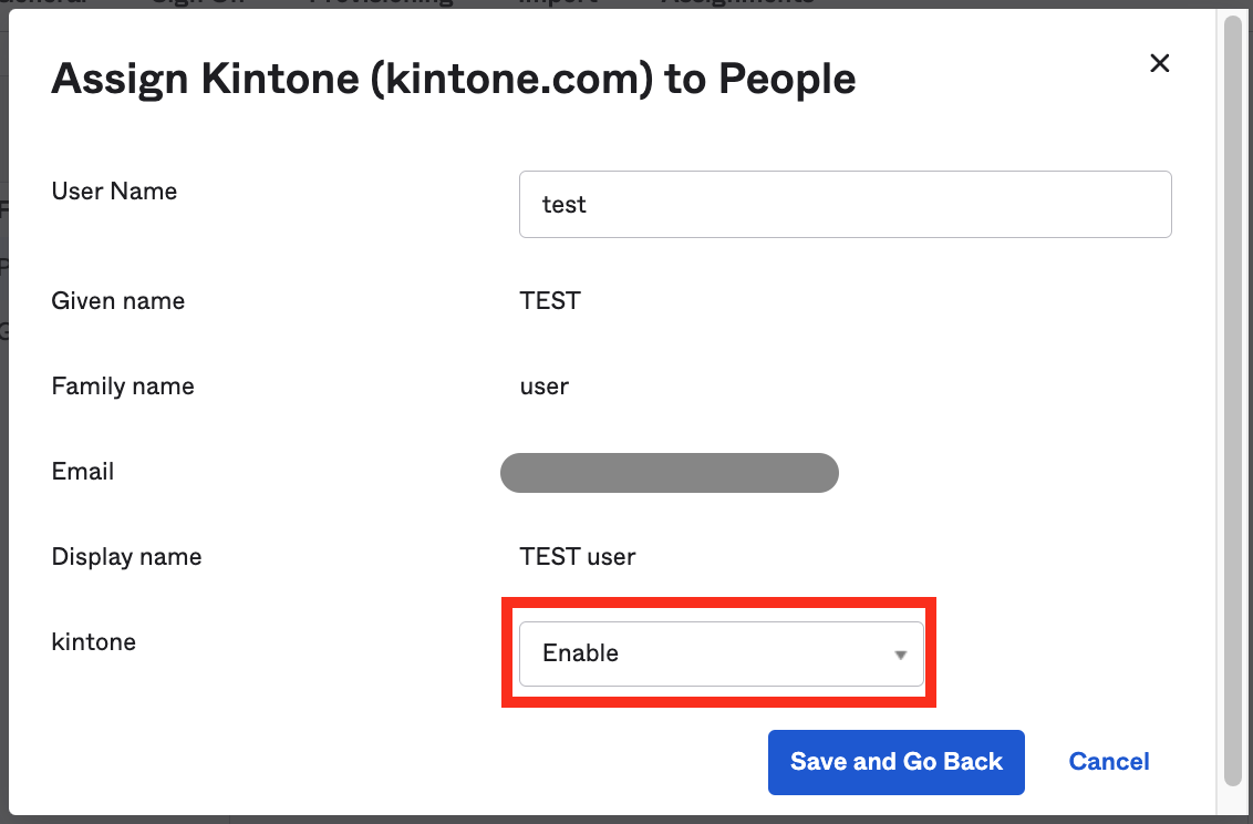 Screenshot: Enabling Kintone in the User settings window