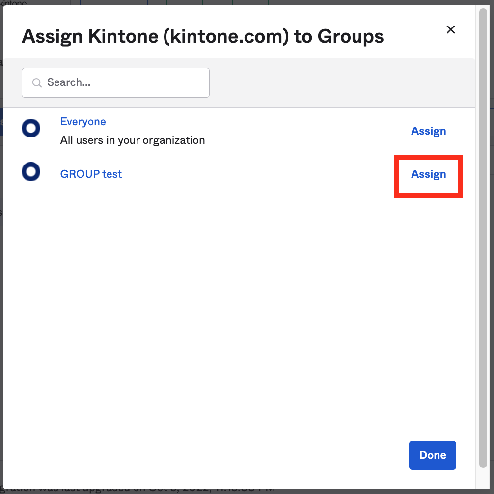 Screenshot: The Assign button for the group to be synced
