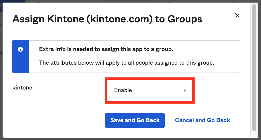 Screenshot: Enabling Kintone in the Group settings window