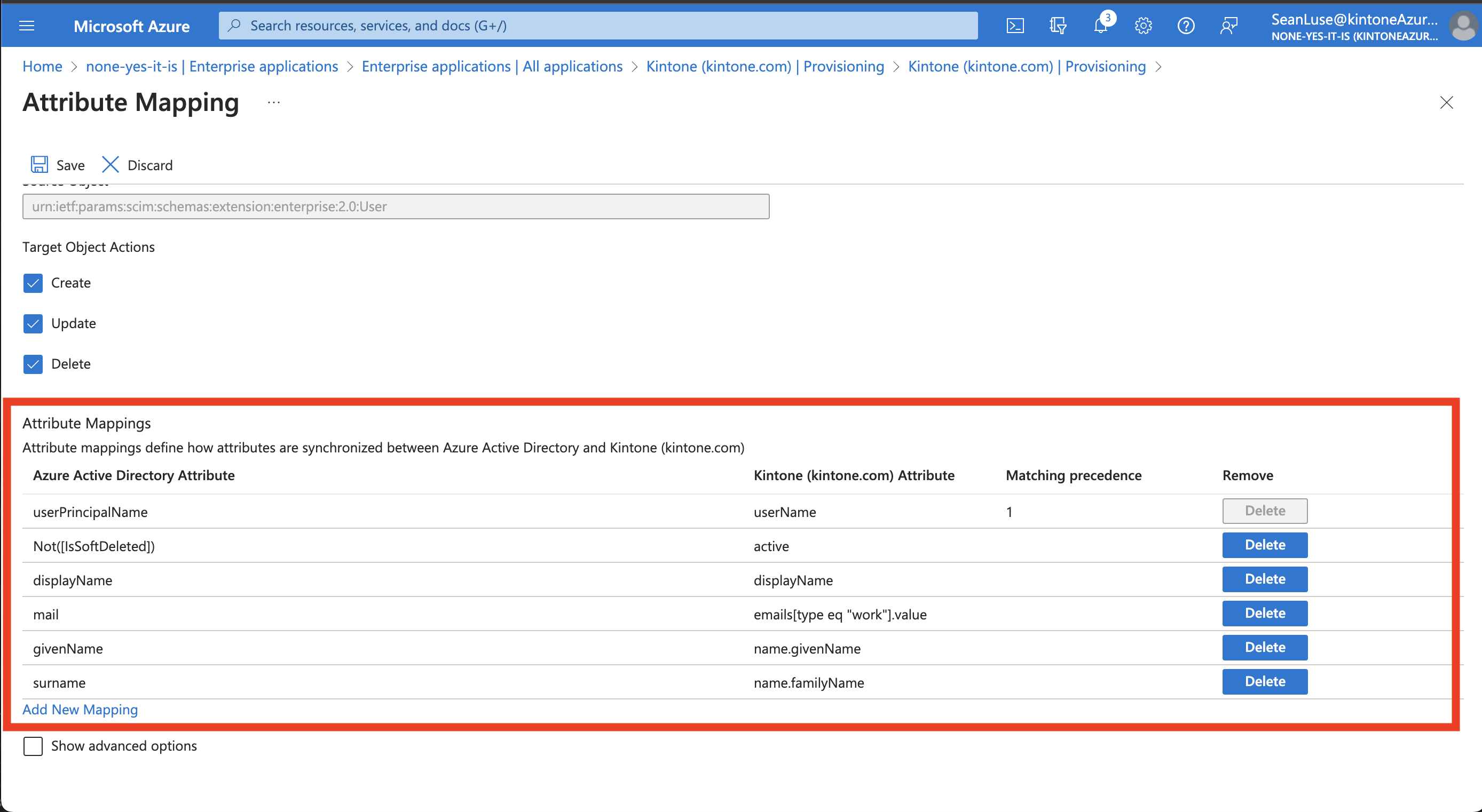 Screenshot: The users mappings highlighted on the Azure Portal