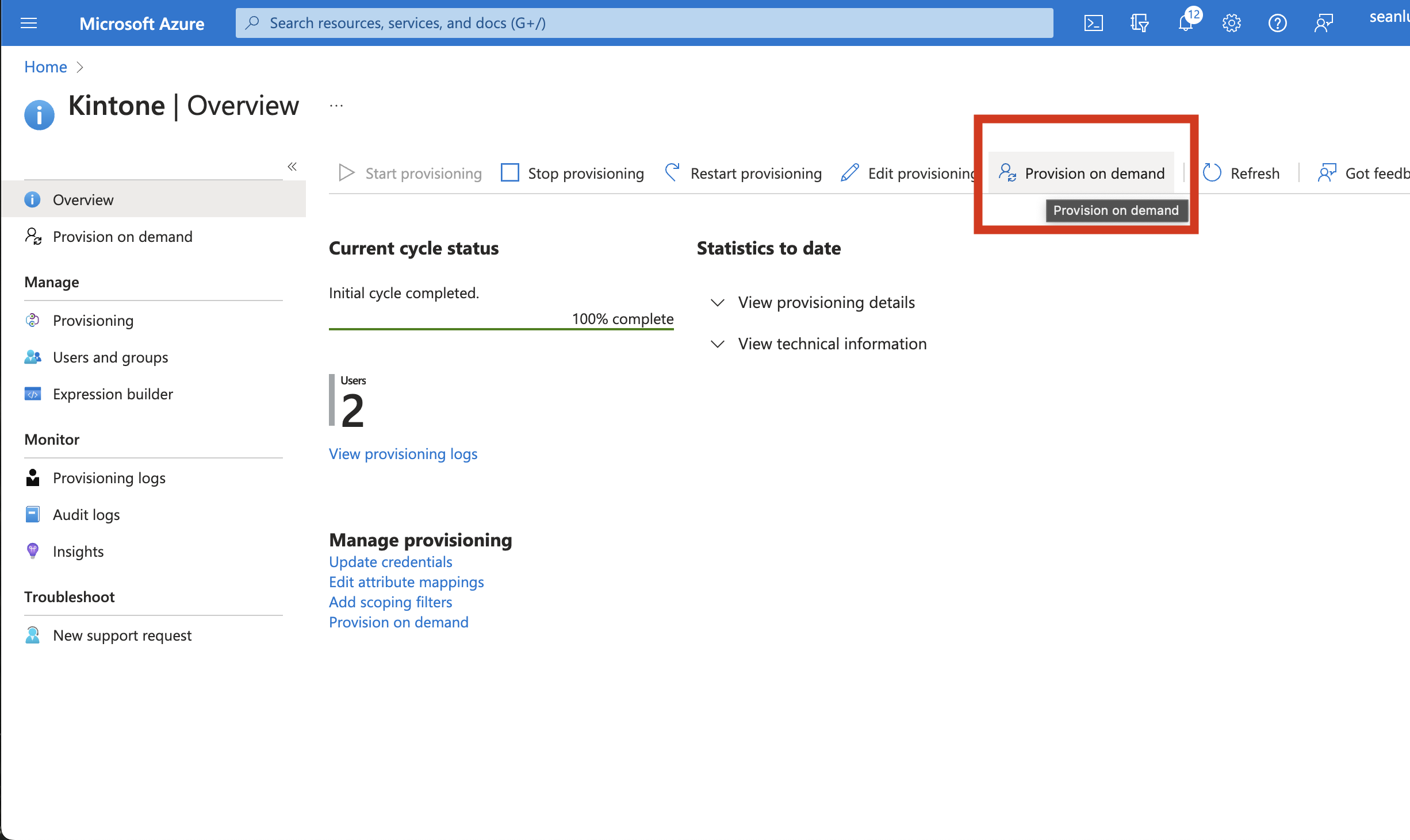 Screenshot: The provisioning on demand button highlighted on the Azure Portal