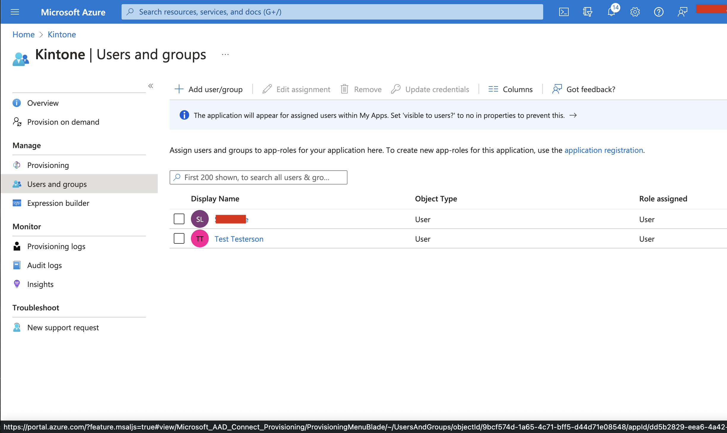 Screenshot: The users and groups page on the Azure Portal