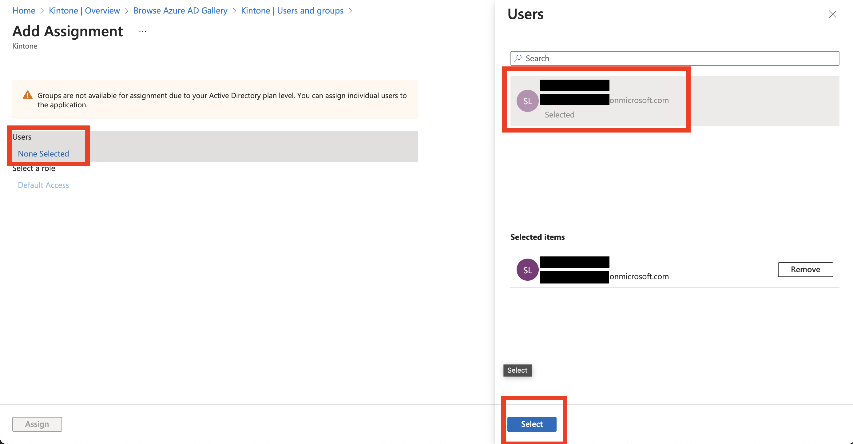 Screenshot: The user selection screen on the Azure Portal