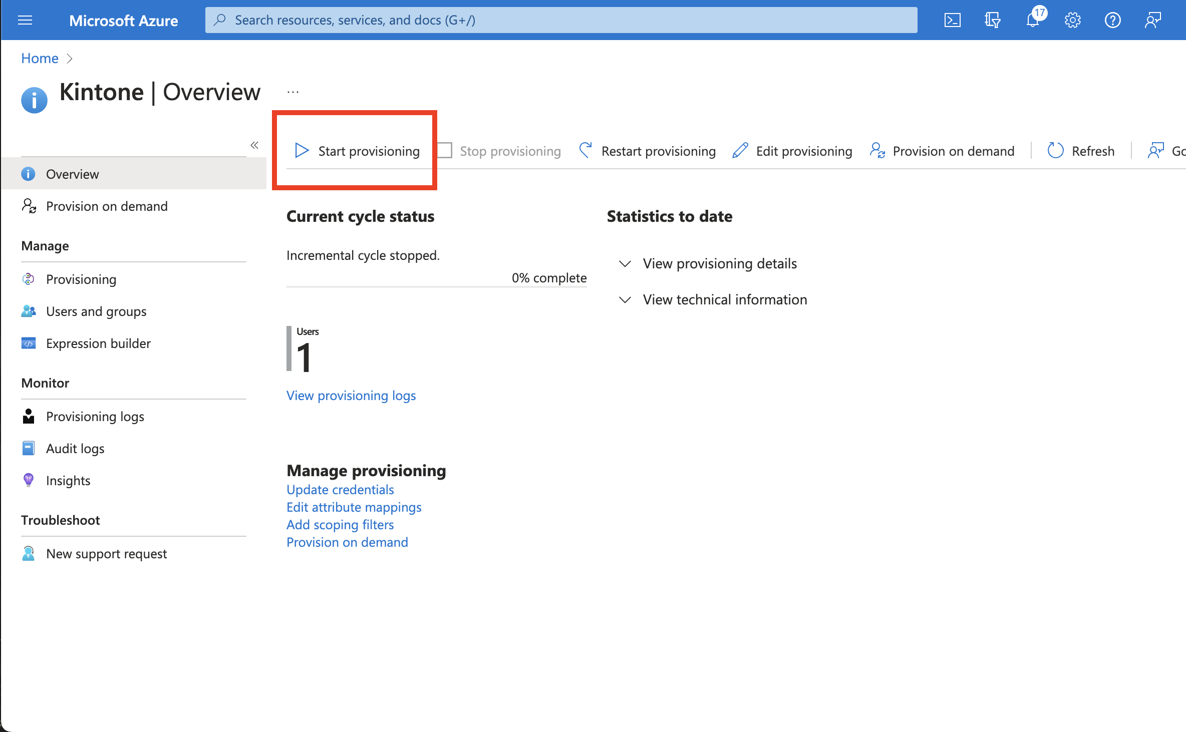 Screenshot: The start provisioning button highlighted on the Azure Portal