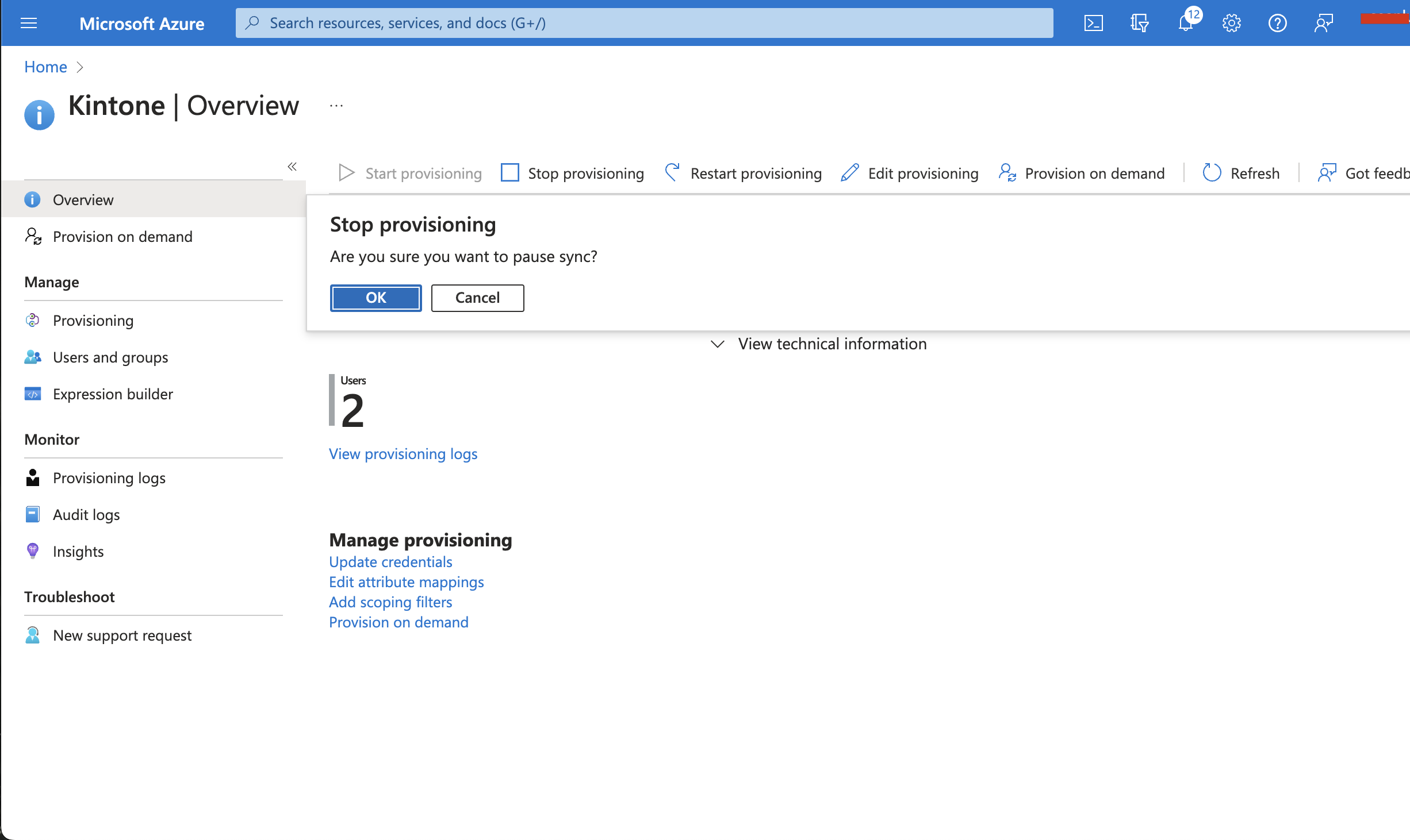 Screenshot: The stop provisioning button highlighted on the Azure Portal