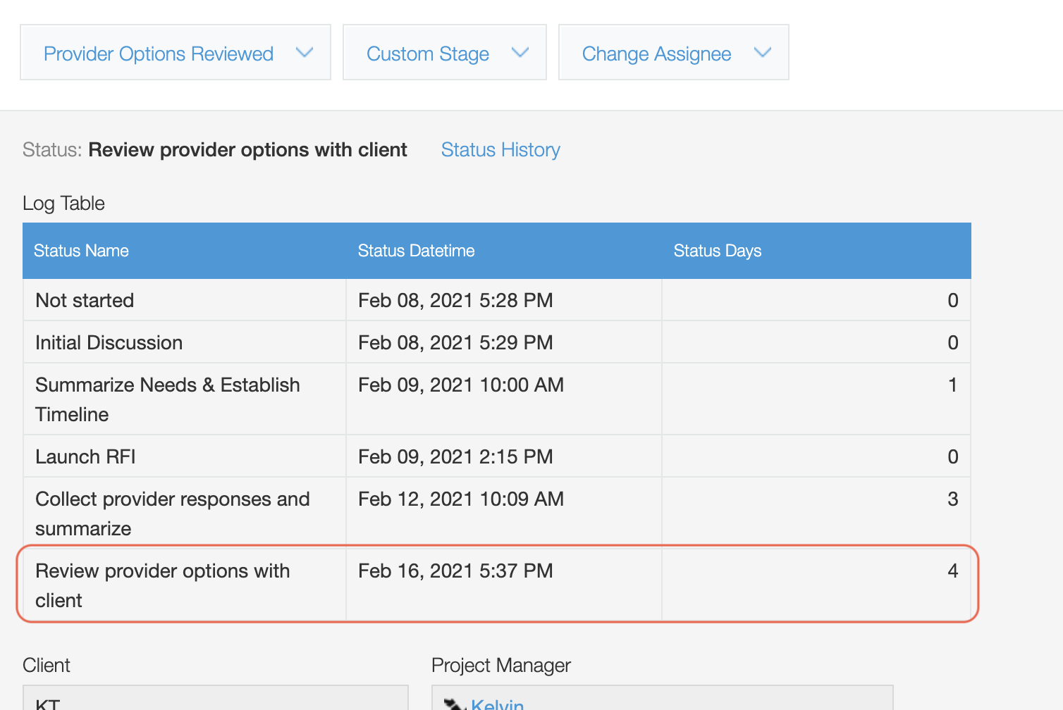 Screenshot: Clicking Confirm proceeds the status and adds a new row to the table.