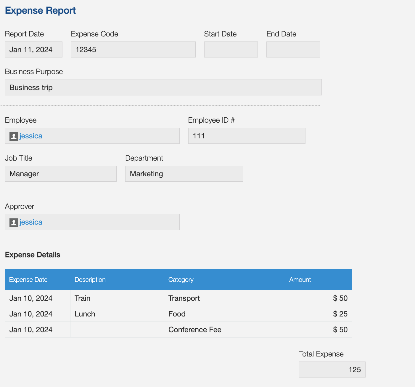 Screenshot: a sample record in the Expense Report App.