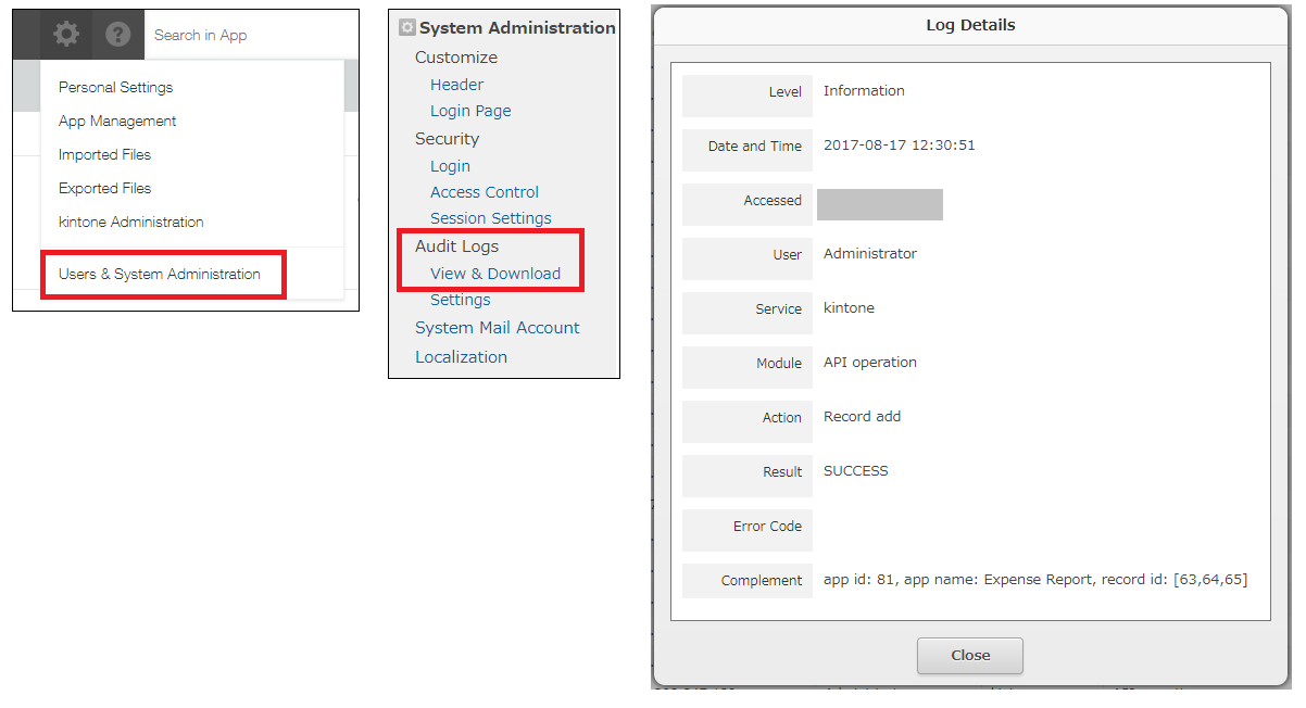 Screenshot: The Kintone Audit Log being accessed through the settings page.
