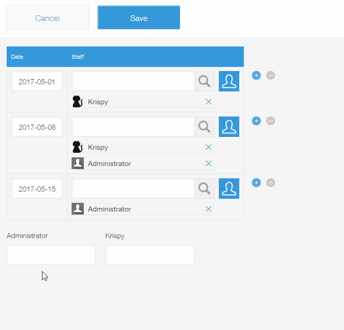 Animated GIF: A record with a table being saved and the user name count being automatically input into Number fields.