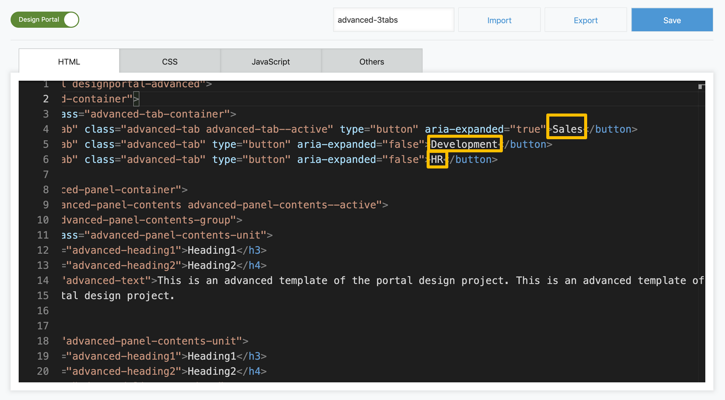 A screenshot of the Kintone Portal Designer settings, focused on the HTML code.