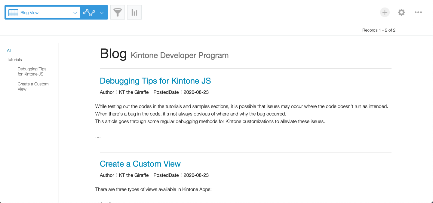 Screenshot: Kintone displays a blog-like design in the Custom View together with the Category feature.