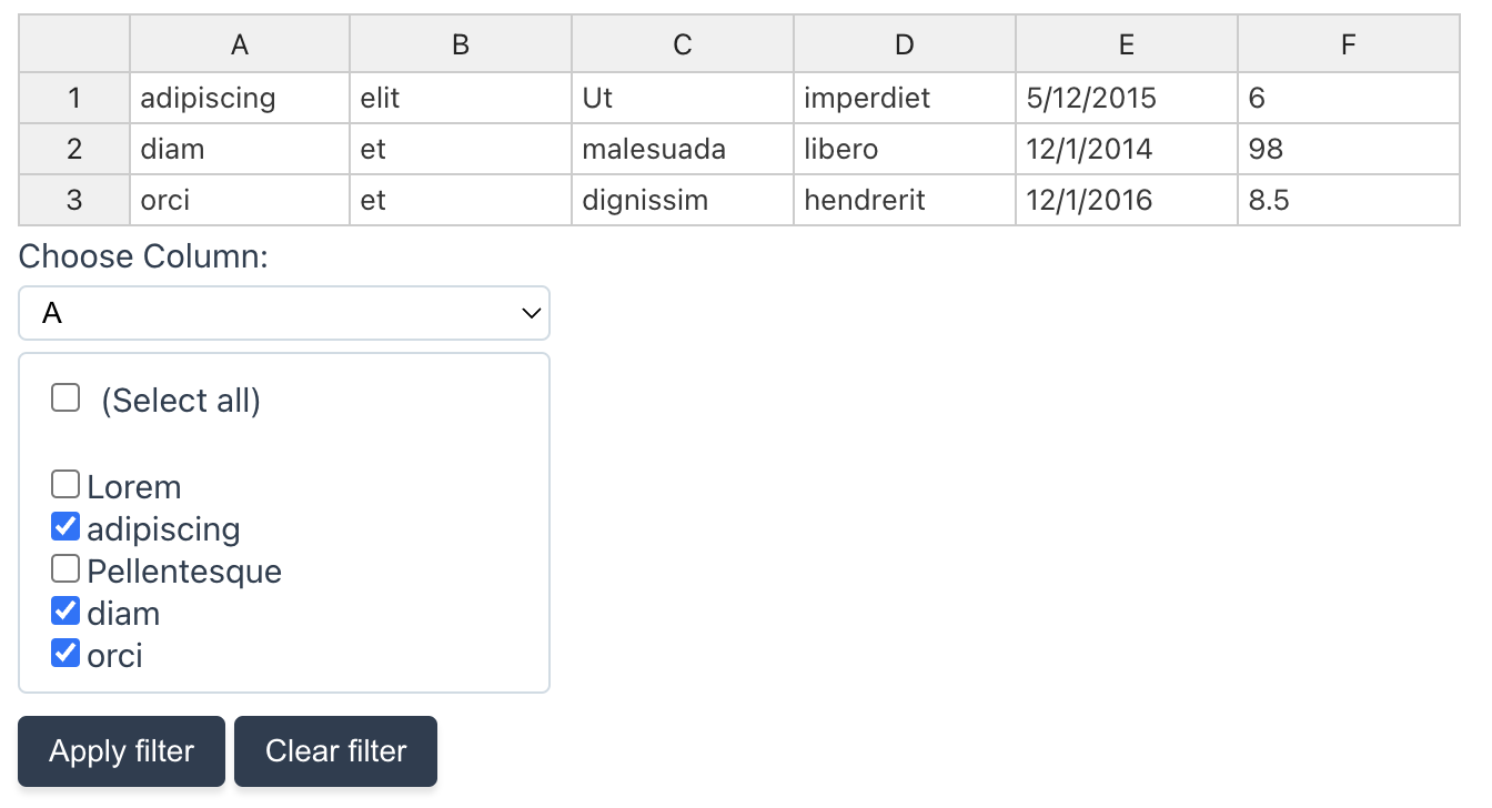 Screenshot: the column filter menu.