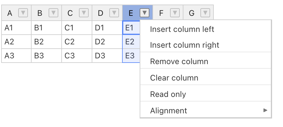 Screenshot: sample of column menu.