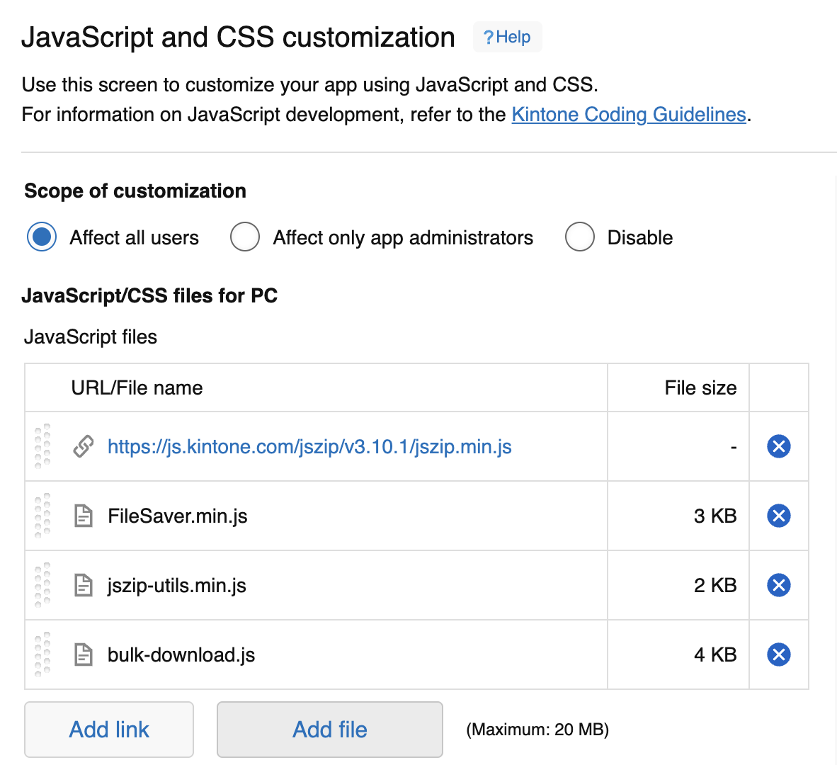 Screenshot: The necessary files have been uploaded on to the JavaScript and CSS Customization settings.