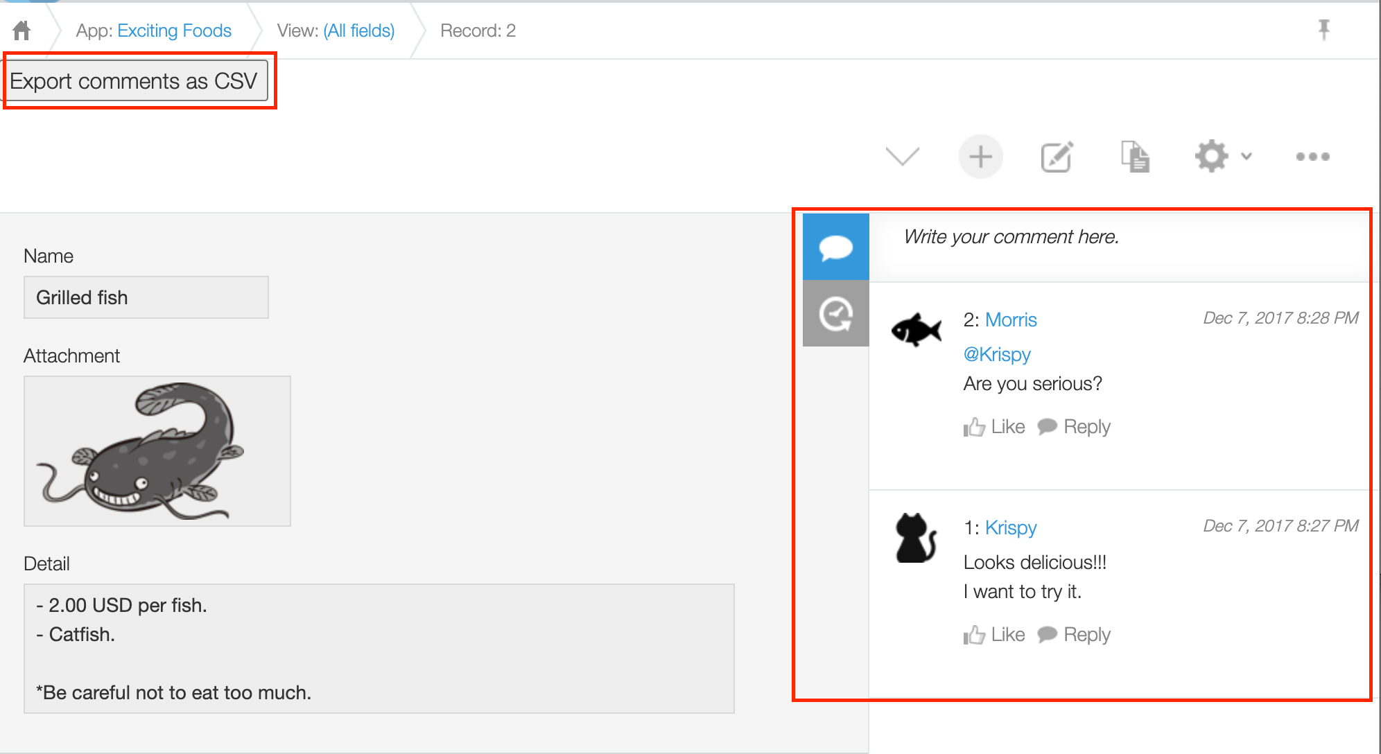 Screenshot: A button to export comments as CSV is displayed.