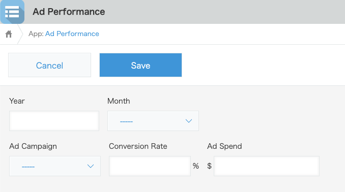 Screenshot: The fields placed into the Ad Performance App form.