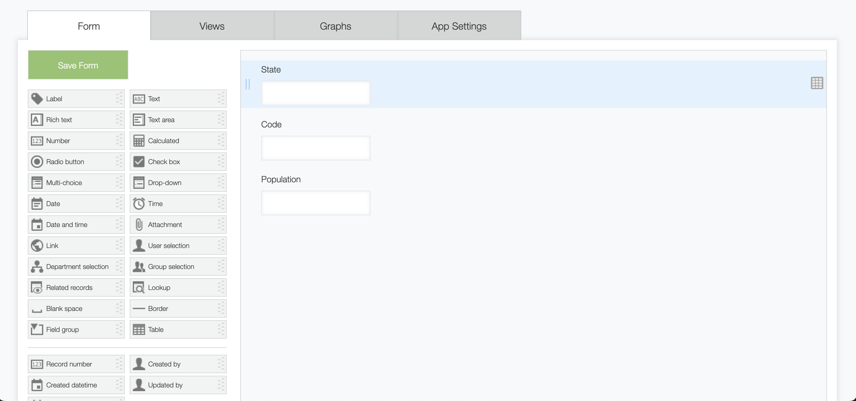 Screenshot: The fields placed into the form.