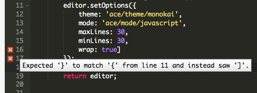 A screenshot showing a syntax error on the Ace.js editor.