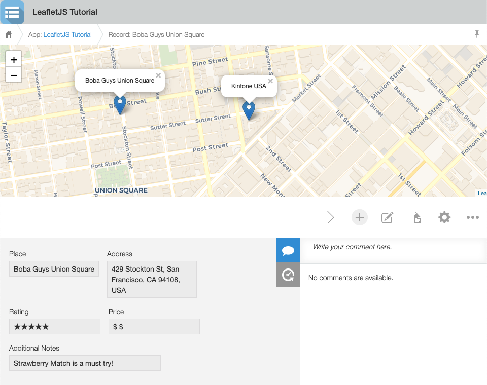 A screenshot of the Record Details page displaying a map, with pins for a Boba shop and Kintone USA.