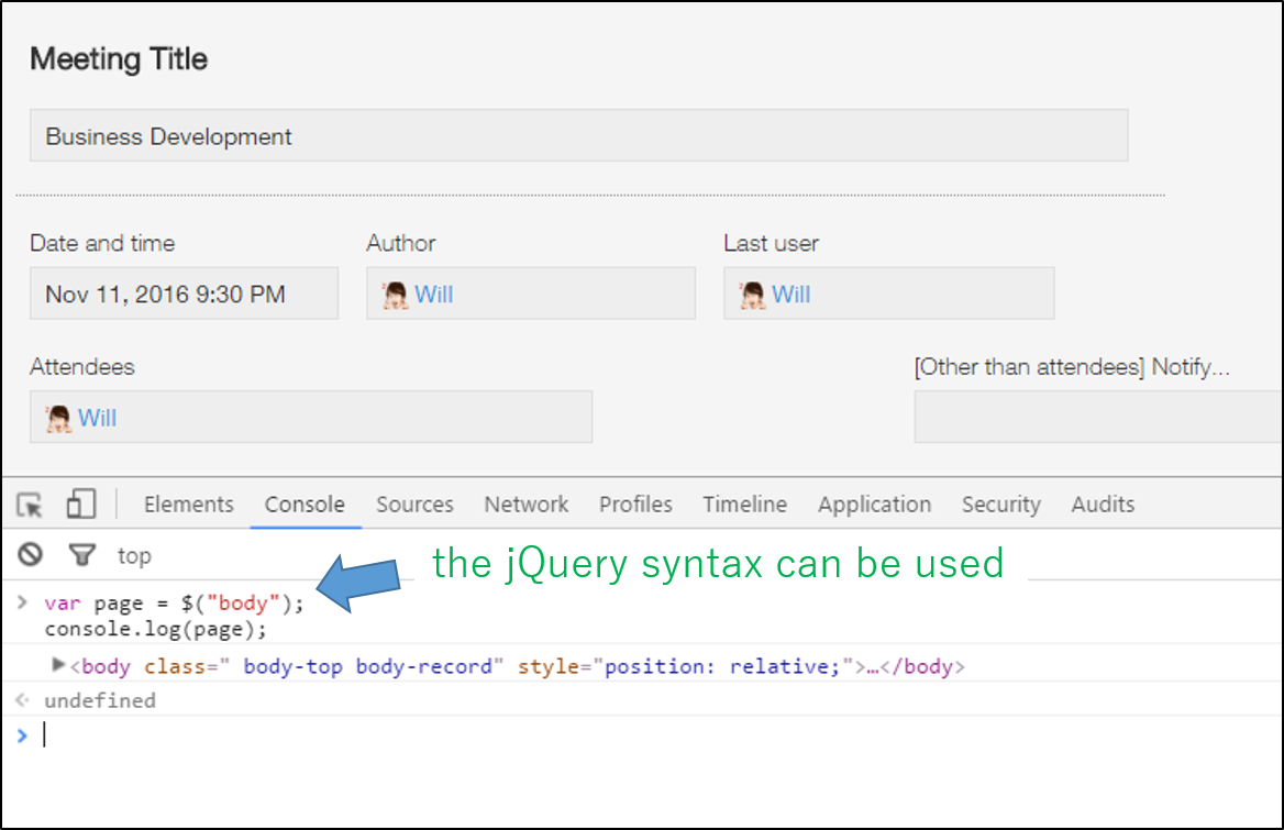 A screenshot showing jQuery syntax being used in the developer console