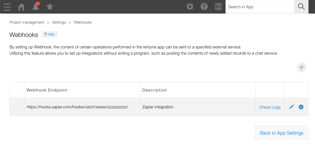 Screenshot: Webhook configuration in the App's settings.