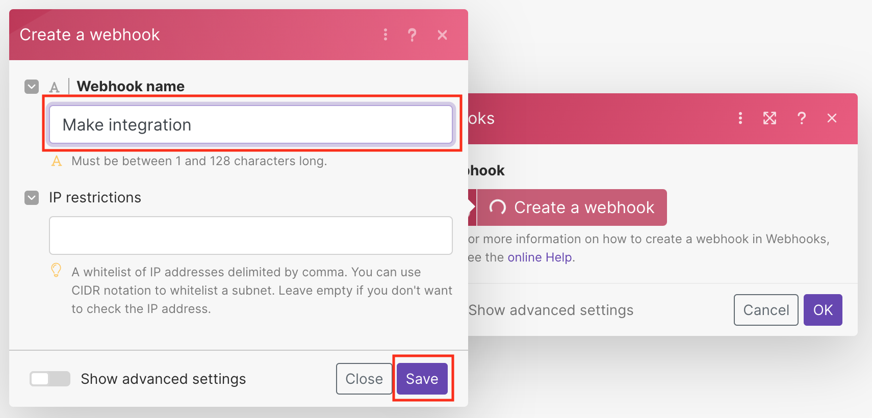 Screenshot: the create a webhook window.