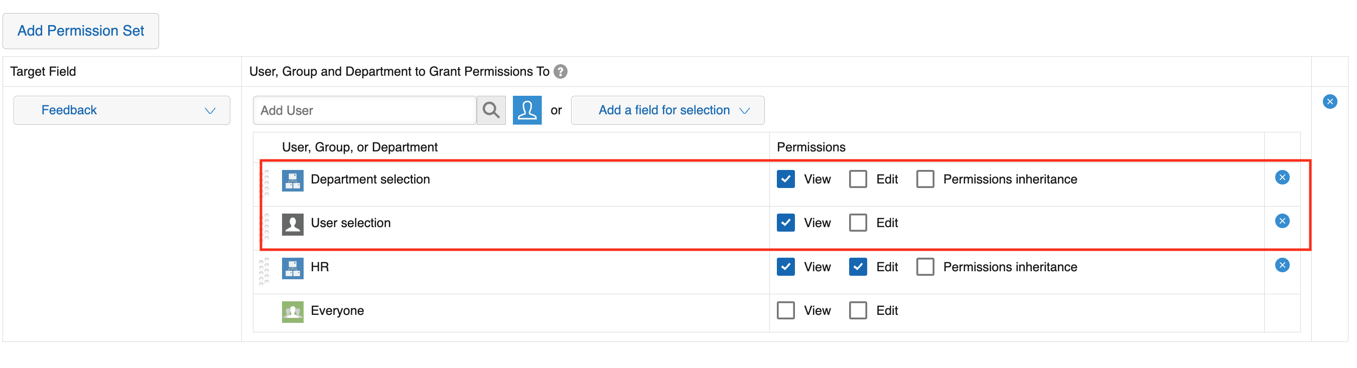 Screenshot: the user selection and department selection fields are set for the field permissions.