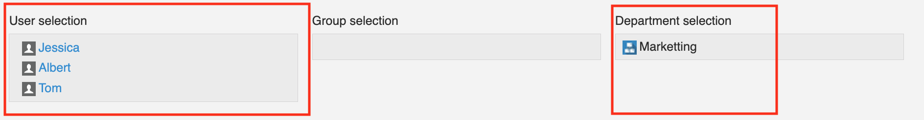 Screenshot: an example record with multiple users and departments set at the user selection and department selection field.