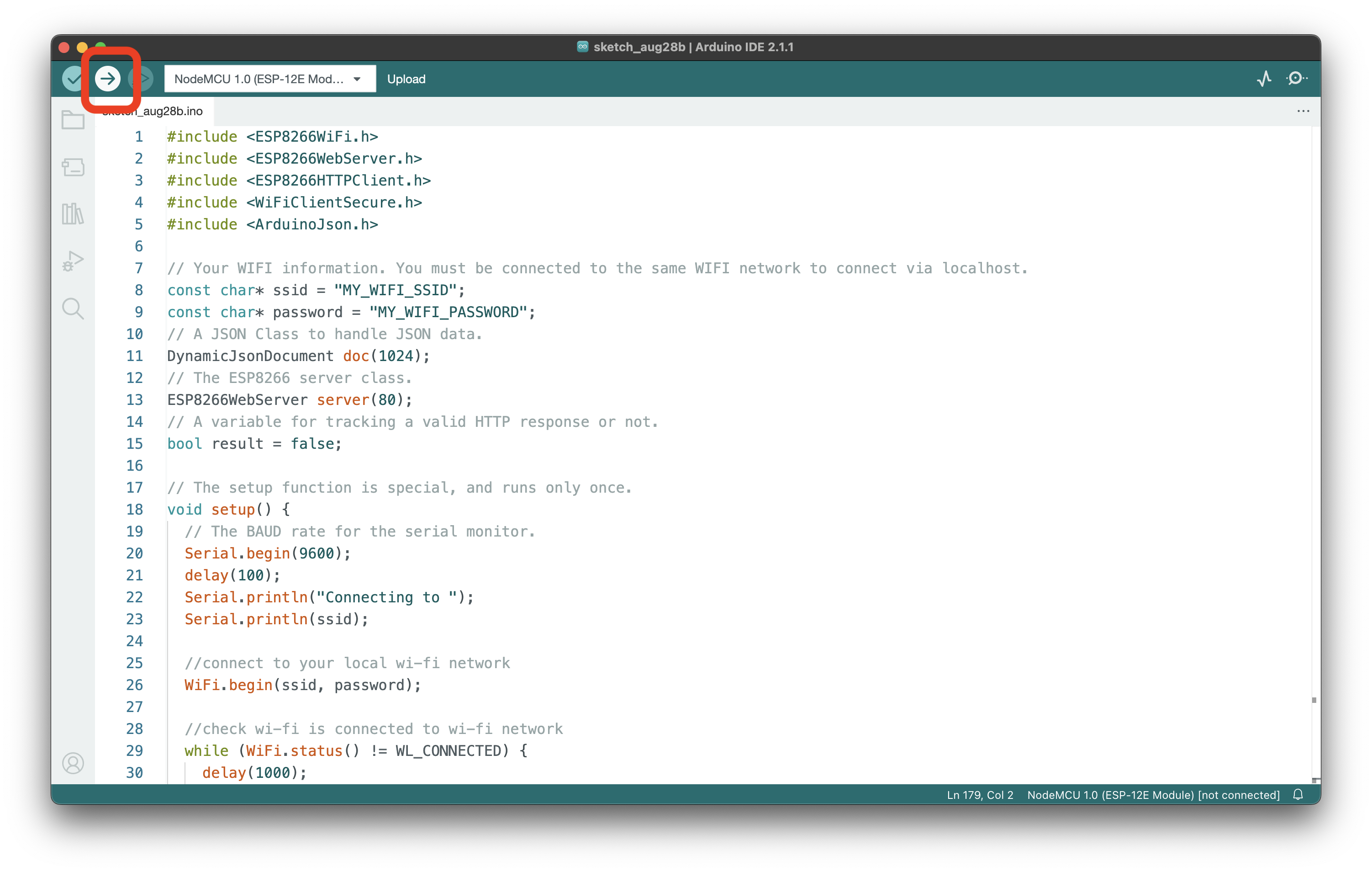 Screenshot: The upload button in the Arduino IDE.