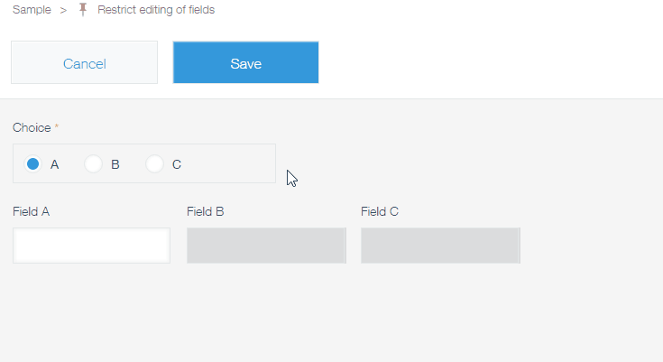 Animated GIF: User uses the radio button to disable several Text fields.