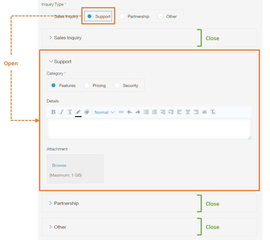 Screenshot: The relationship is shown between the Radio button field and the Field group.