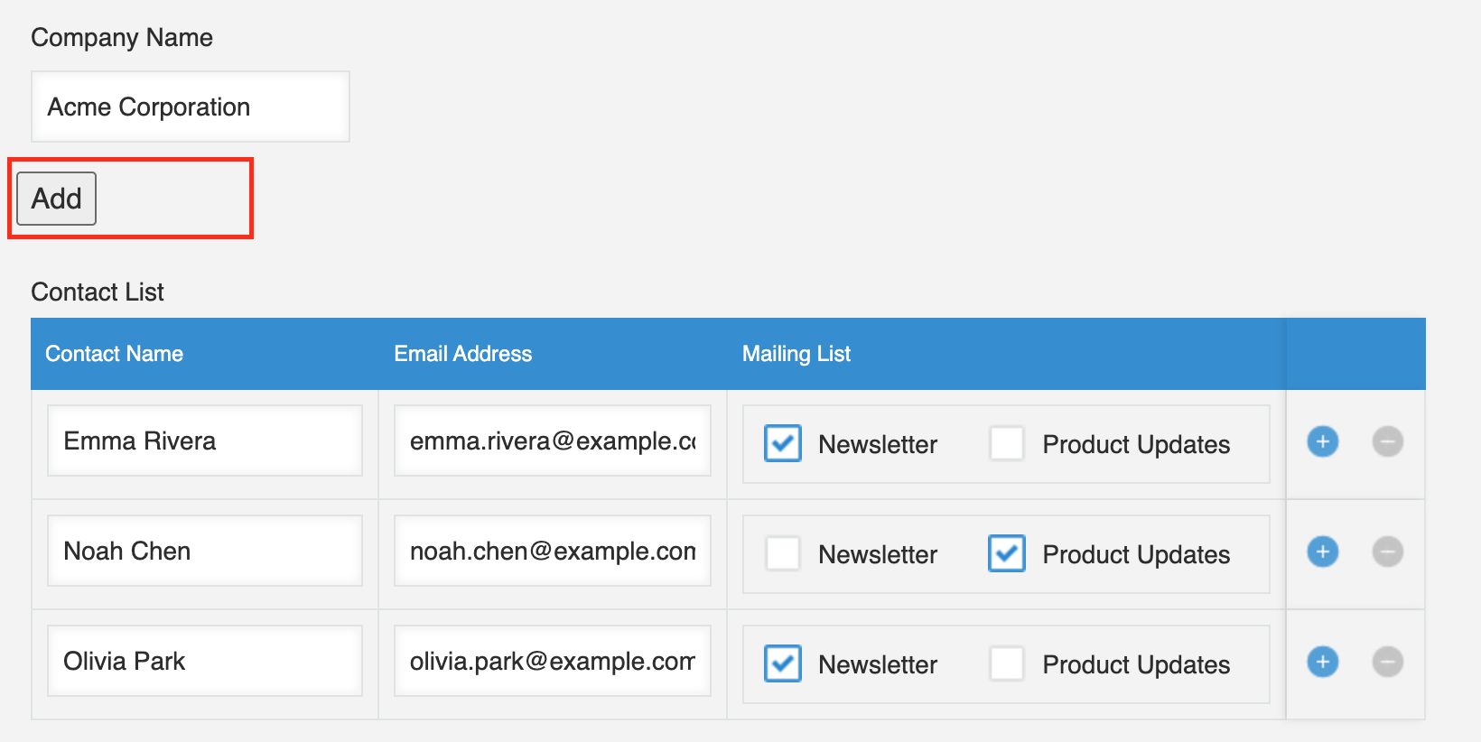 Screenshot: The Add button displayed in the Space field above the Contact List table.