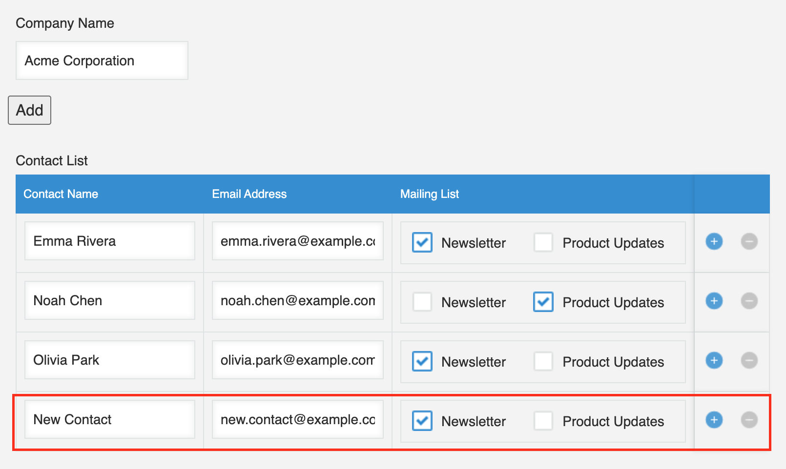 Screenshot: A fourth row containing New Contact is added to the end of the Contact List table after the Add button is clicked.