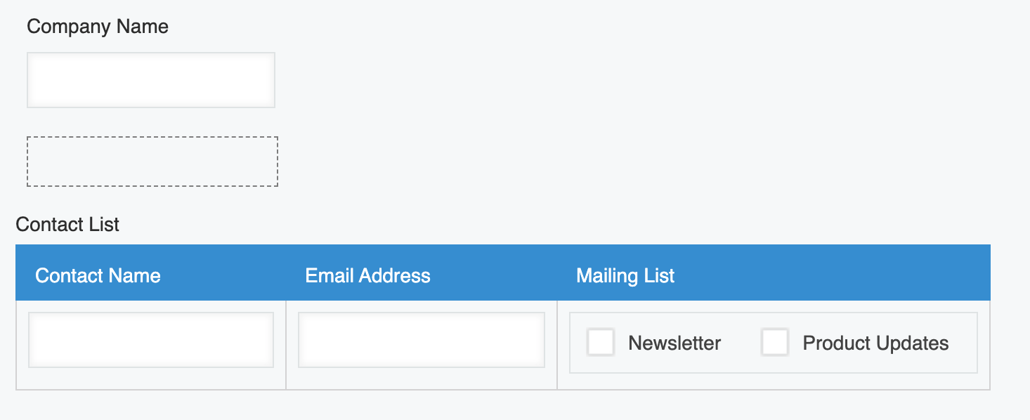 Screenshot: The completed sample App with the Company Name field, the Space field, and the Contact List table.
