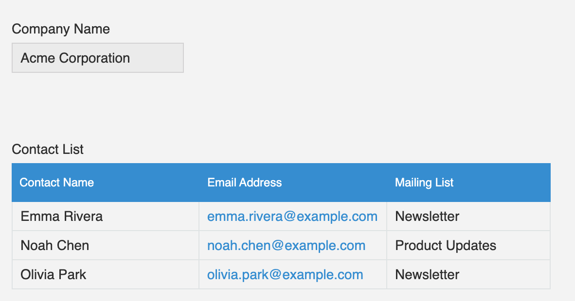 Screenshot: The record with Acme Corporation entered in the Company Name field and three rows of contacts in the Contact List table.