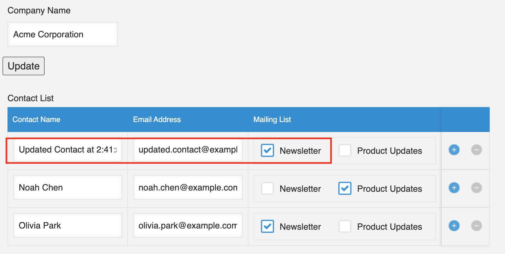 Screenshot: The first row of the Contact List table is overwritten with the updated contact name, email address, and mailing list after the Update button is clicked.