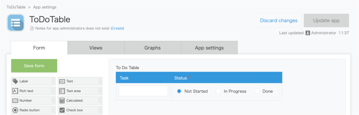 Screenshot: App form with a To Do Table field that contains Task and Radio fields.