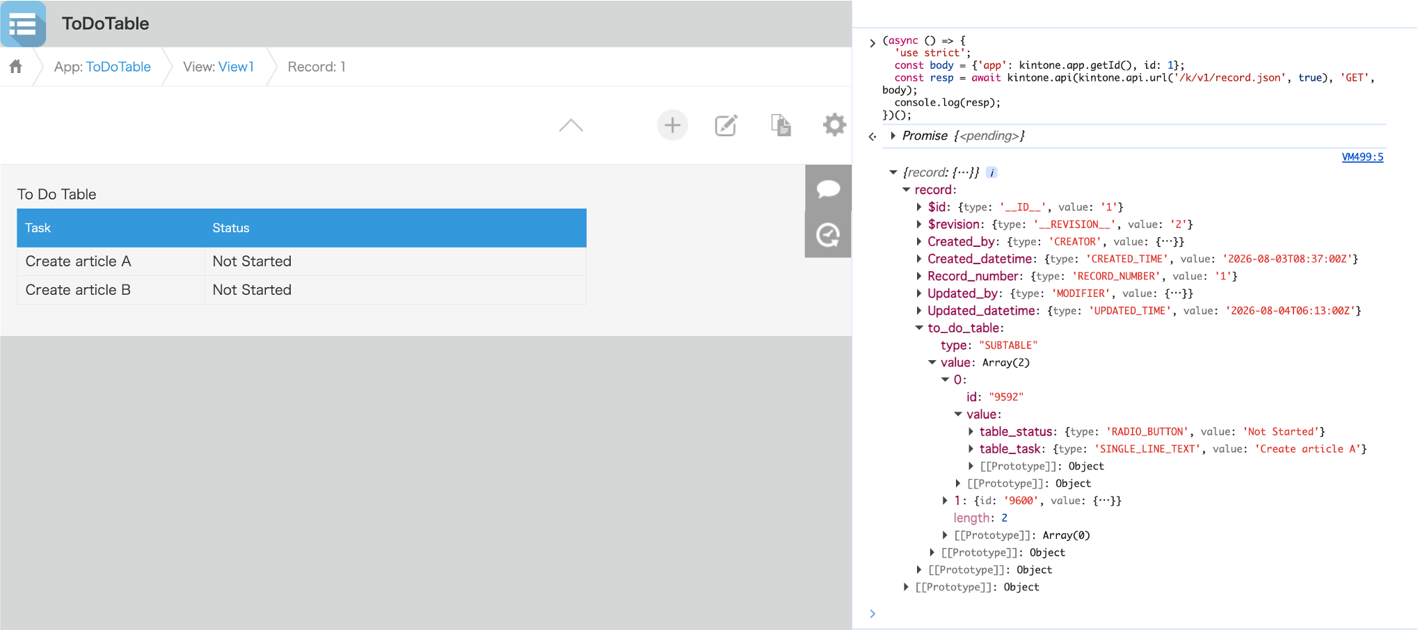 Screenshot: JSON response from the Get Record API.