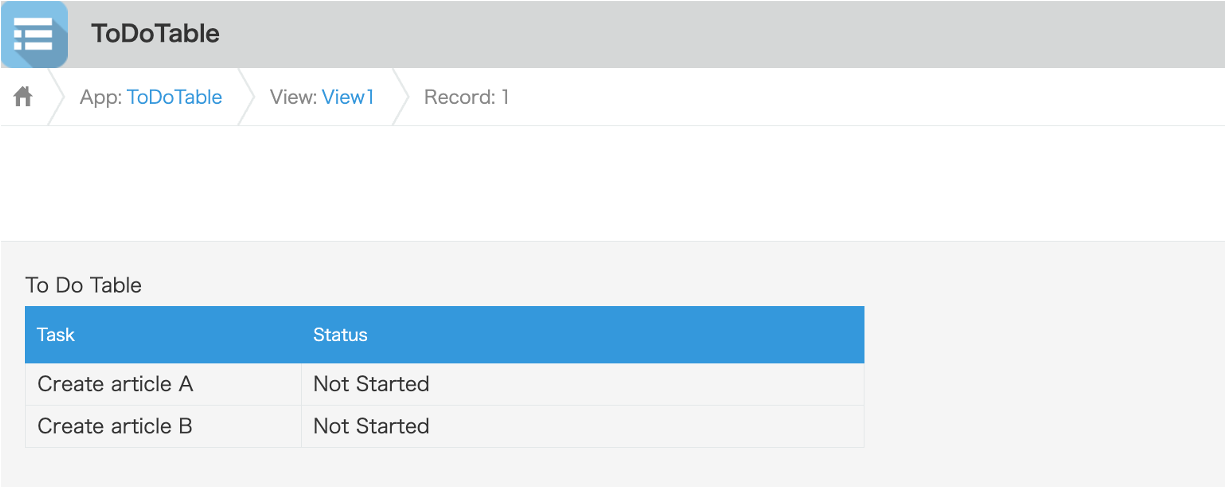 Screenshot: Sample record with two rows in the To Do Table.