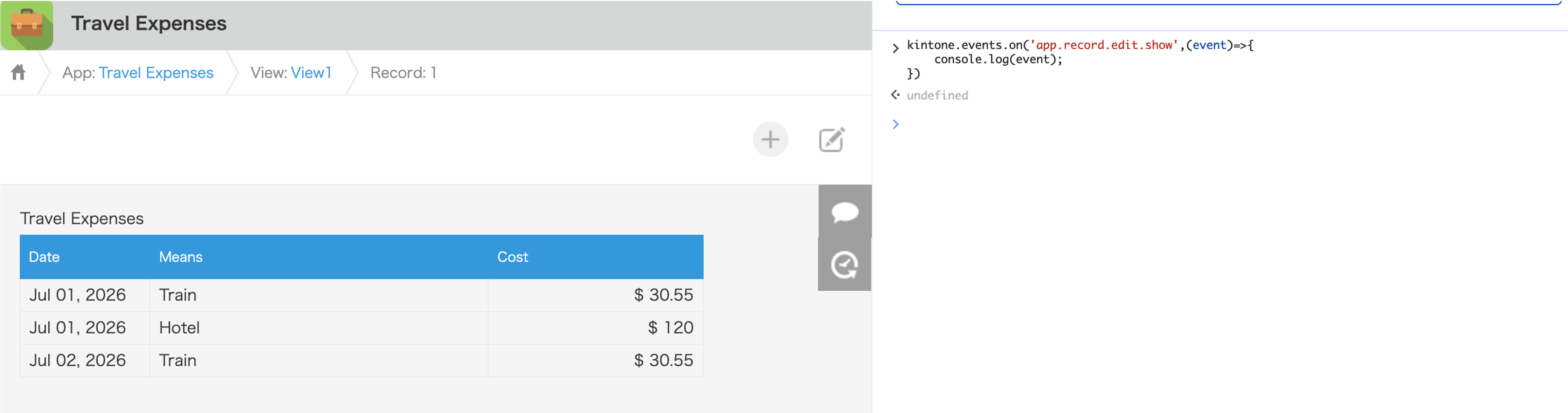 Screenshot: Entering sample code in the browser developer tools console.