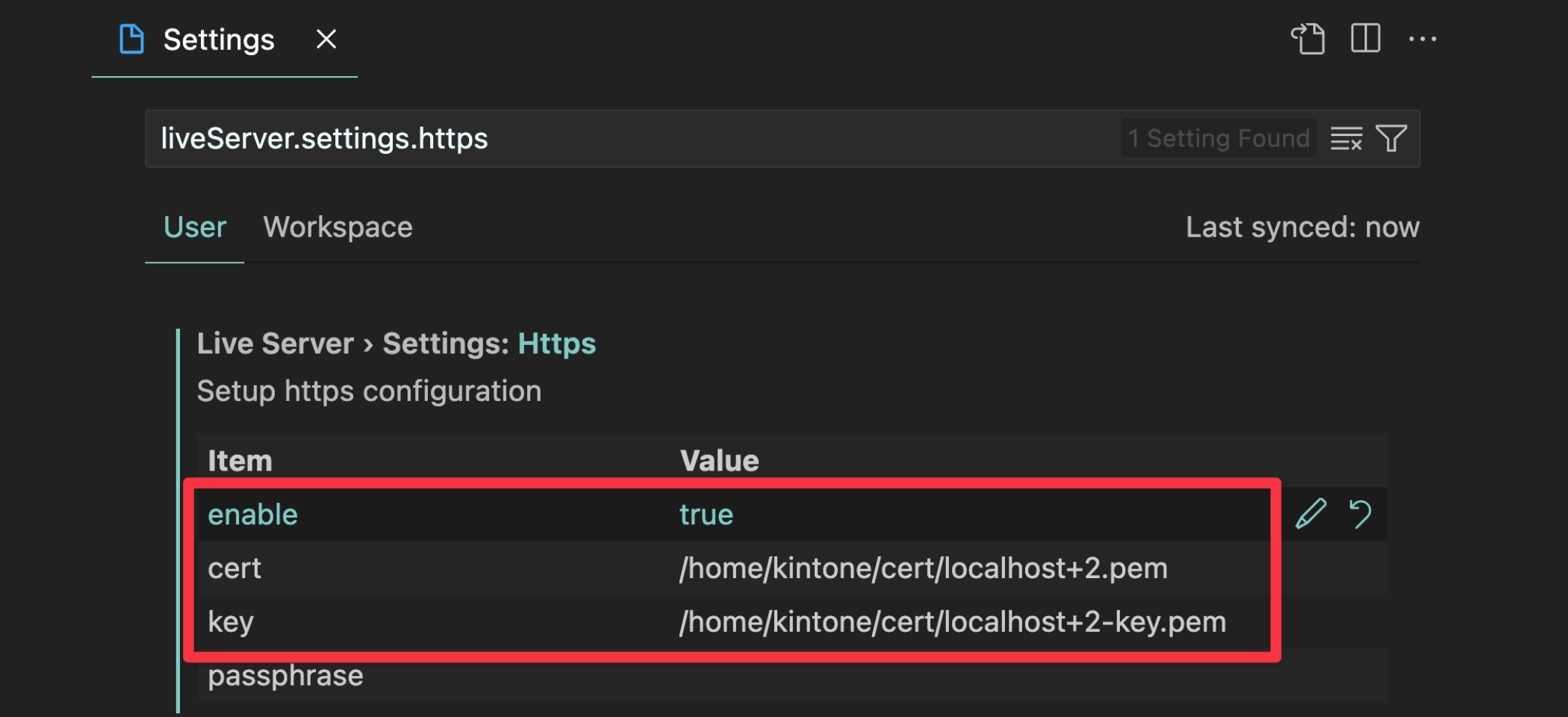 Screenshot: The updated Live Server extension's HTTPS Settings