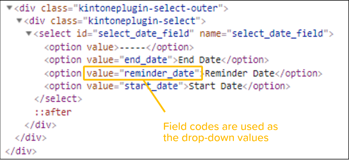 Screenshot: The HTML code showing the values specified for each drop-down option.