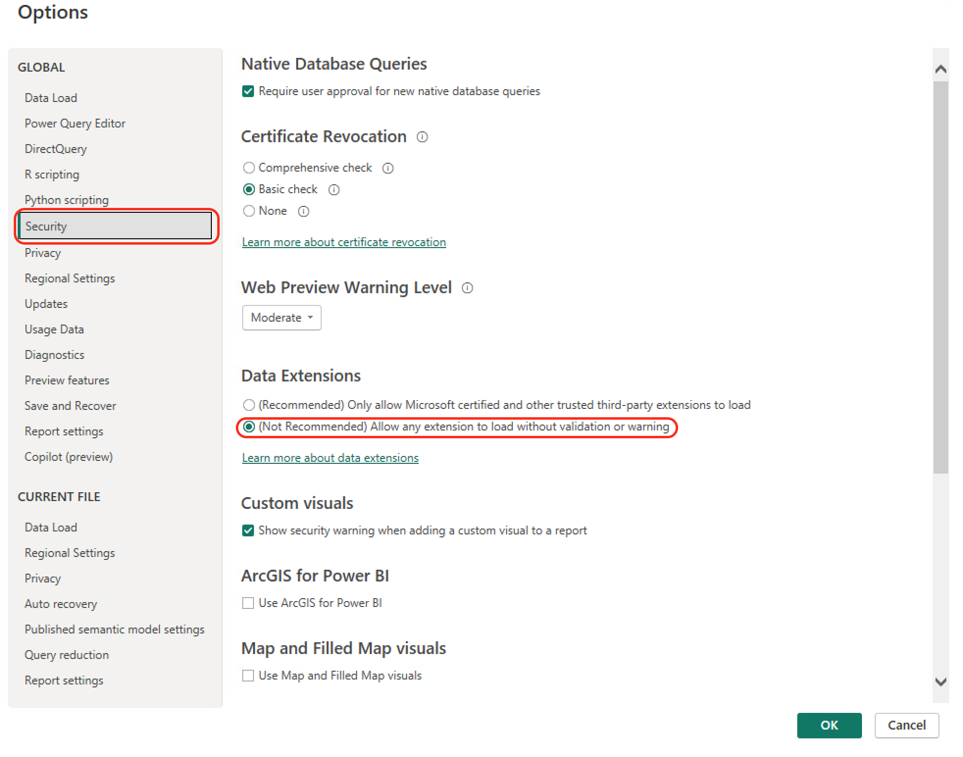 Screenshot: Power BI Desktop security settings screen