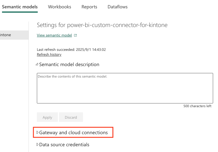 Screenshot: Power BI Service gateway and cloud connections screen
