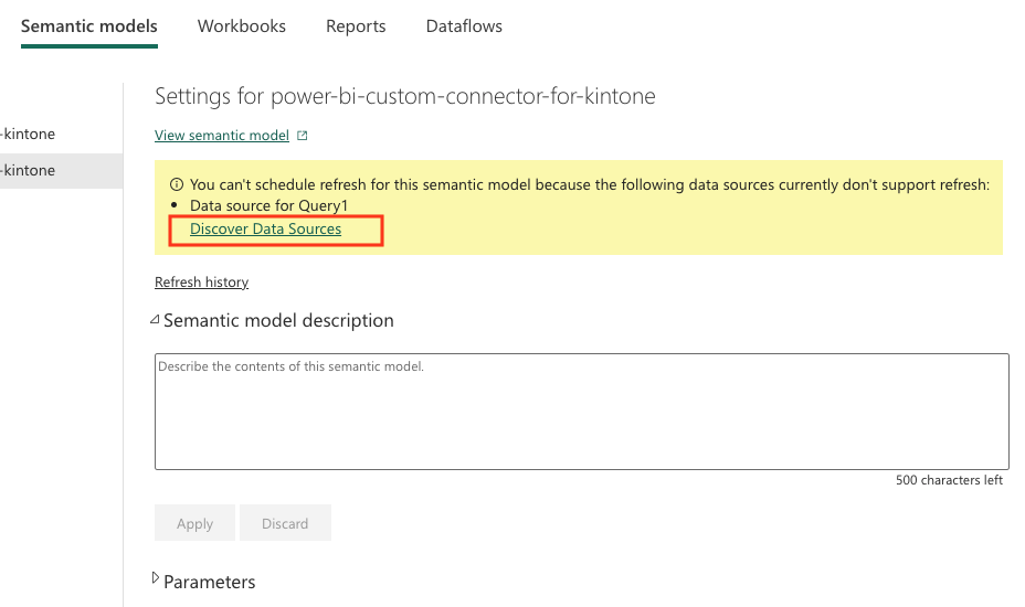 Screenshot: Power BI Service data source discovery screen