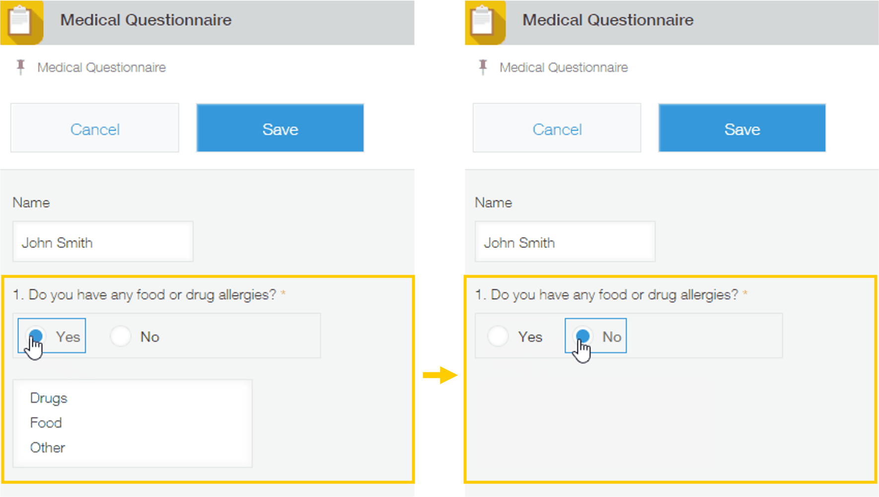 IMAGE: A Kintone field is hidden depending on the status of a radio button.